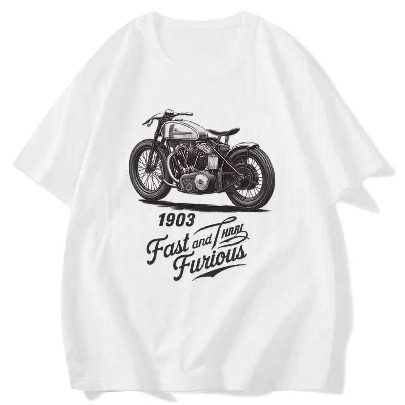 Summer High Quality New Large Size Retro Letter Motorcycle Print Tshirt Unisexs Windshield Riding Versatile Short Sleeves