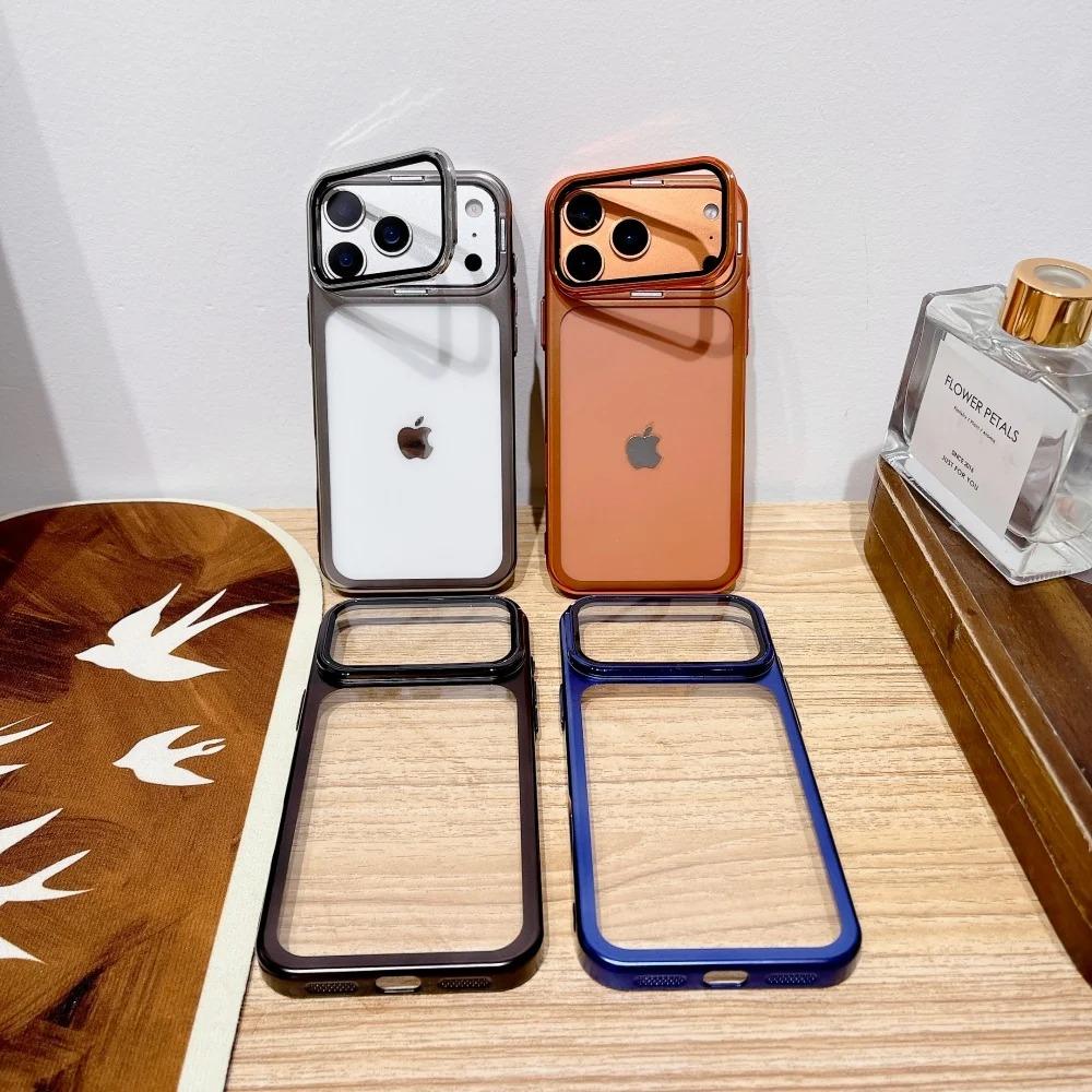 Plating Fold Glass Camera Stand Holder Phone Case For 17 17Pro 17Air 17 Pro Max Ultra Thin Transparent Shockproof Cover