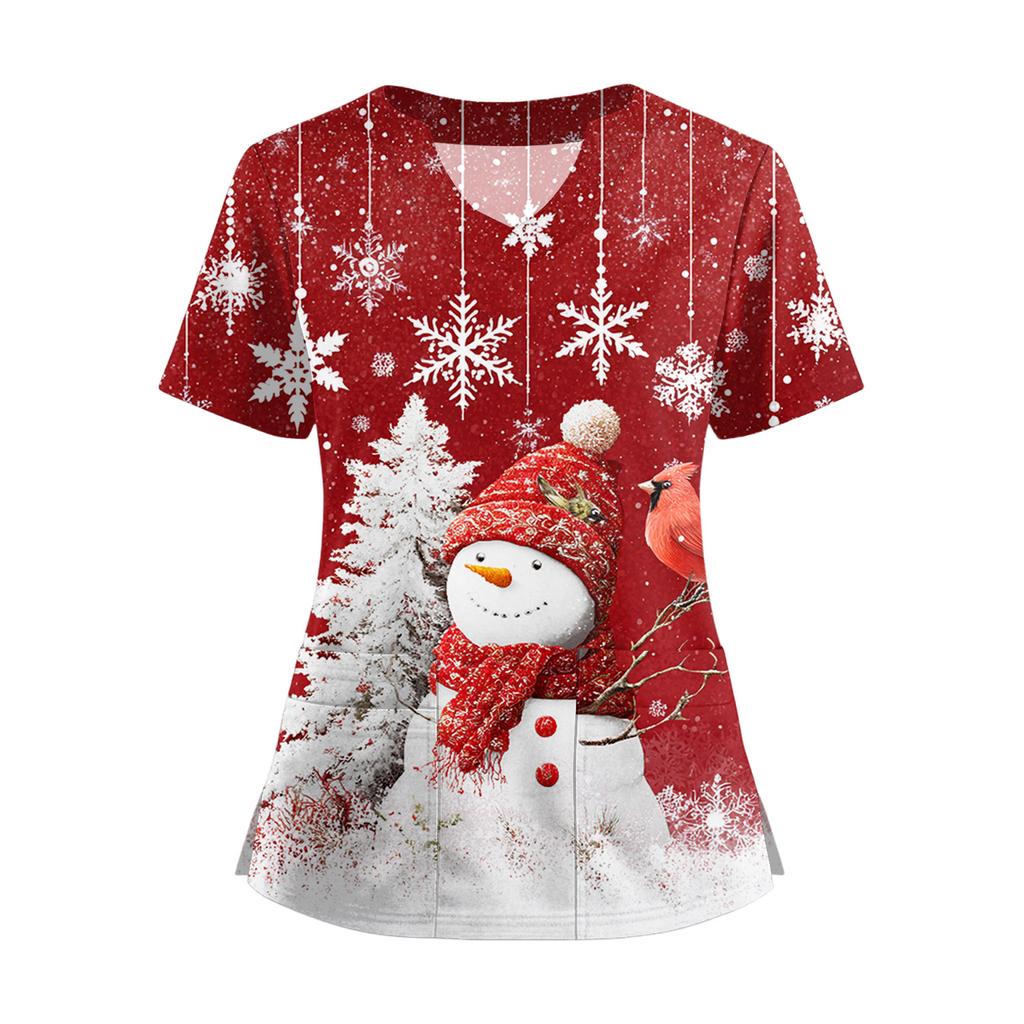 Women's Short Sleeved Christmas Printed V-neck Buttonable Side Slit Top T-shirt