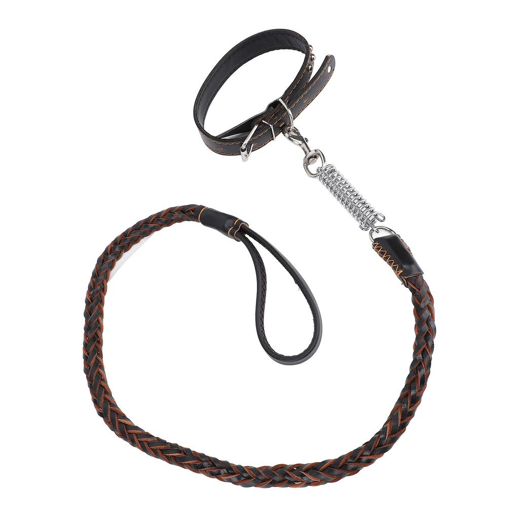 PU Leather Dog Collar Leash Set with Shock Absorbing Spring Braided Dog Training Leash for Medium