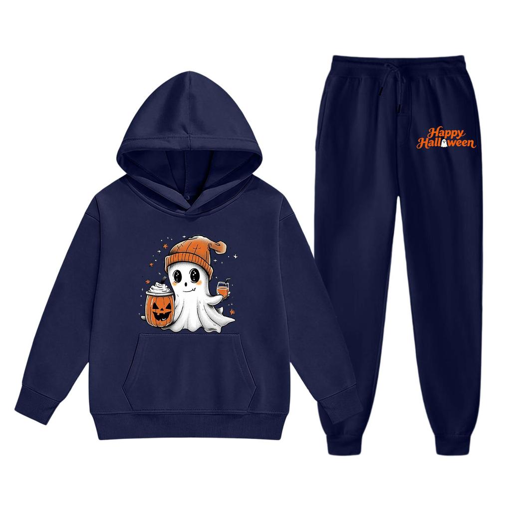 Kids Halloween Hoodie and Pants Set Ghost Print Pullover Sweatshirt with Hooded Top and Elastic Waist Bottoms for Boys and Girls