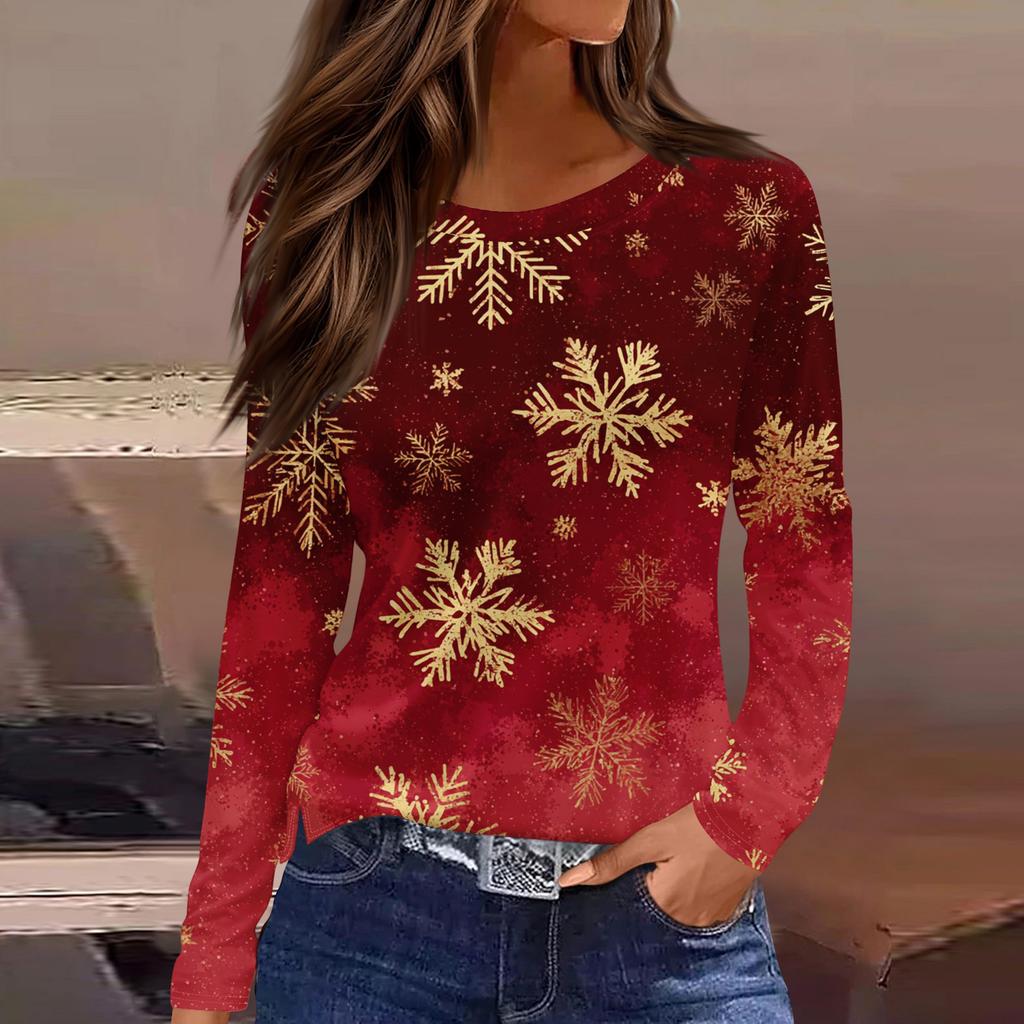 Women's Fashion Casual Slit Hem Round Neck Long Sleeve Loose Christmas Printed T-Shirt Ladies Top