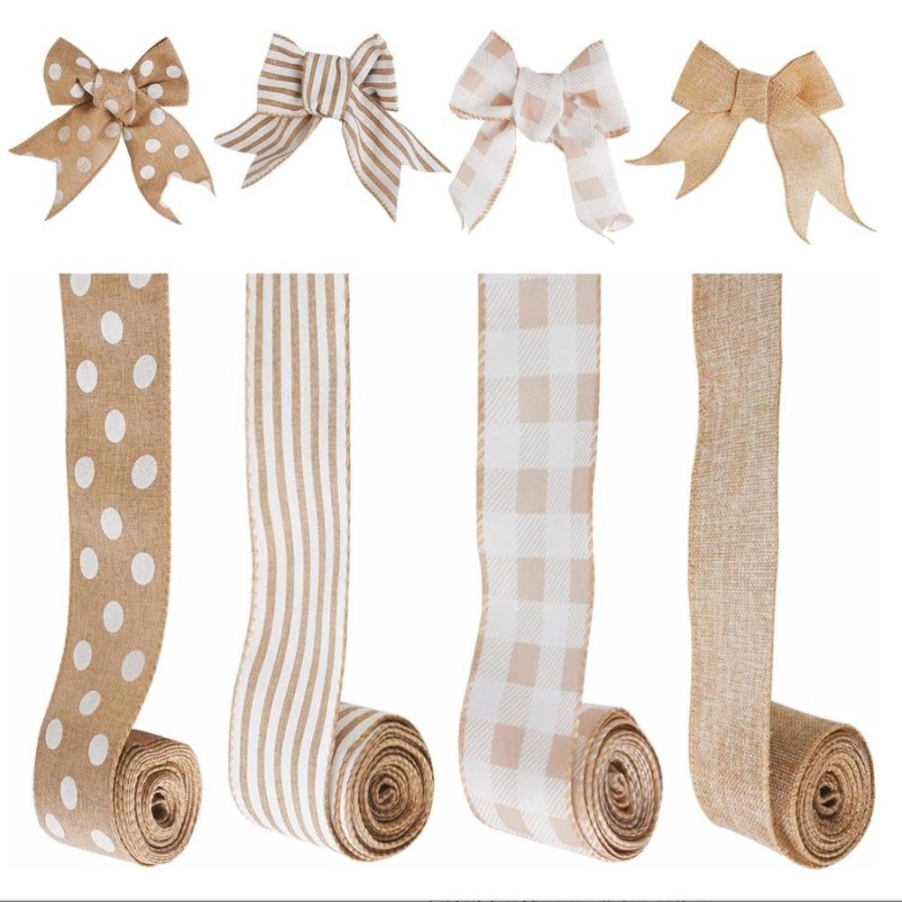 4 Rolls Burlap Wired Ribbons 2.5 inch Polyester Ribbons Farmhouse Ribbon  Thanksgiving