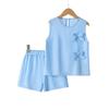 Girls' Fashion Sleeveless Tank Top Set Summer Children's Light Blue Bow-Embellished Patchwork Shorts Two-Piece Set