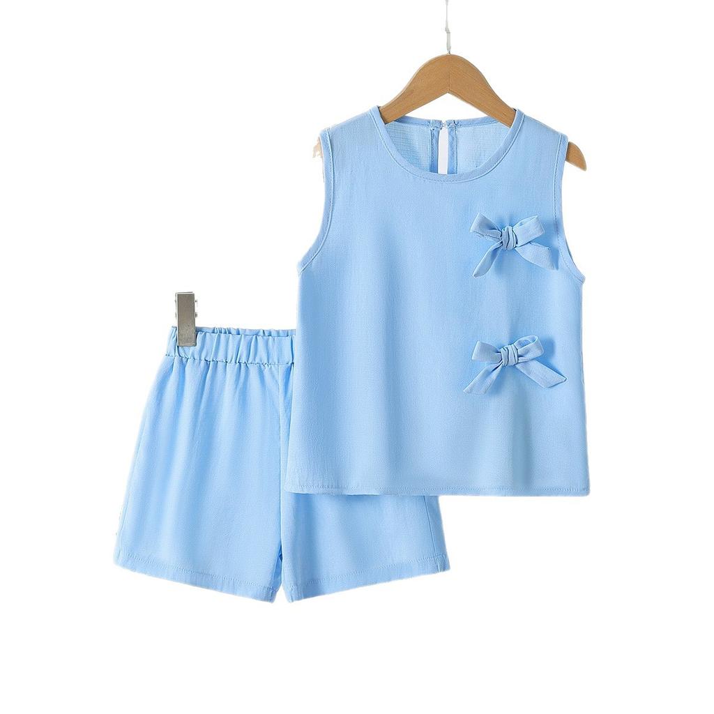 Girls' Fashion Sleeveless Tank Top Set Summer Children's Light Blue Bow-Embellished Patchwork Shorts Two-Piece Set