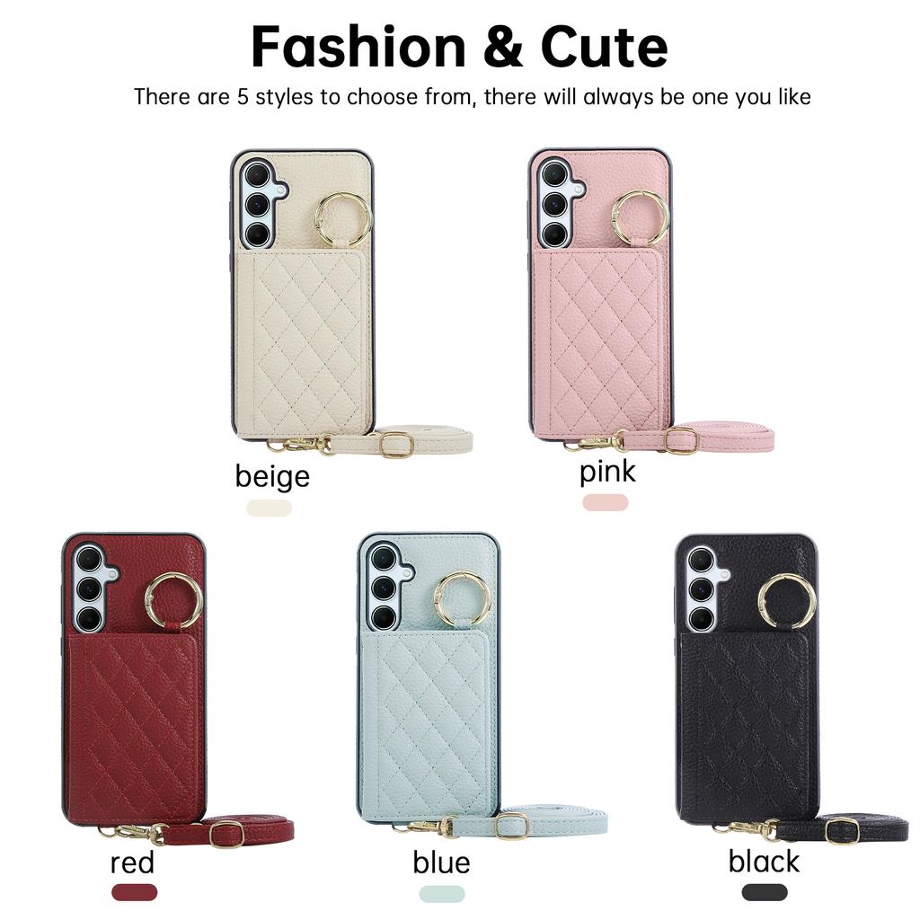 Crossbody Cards Solt Wallet Ring Holder Leather Case For Samsung S25 Ultra S24 Plus S23 S22 A56 A16 A36 A26 Long Lanyard Cover
