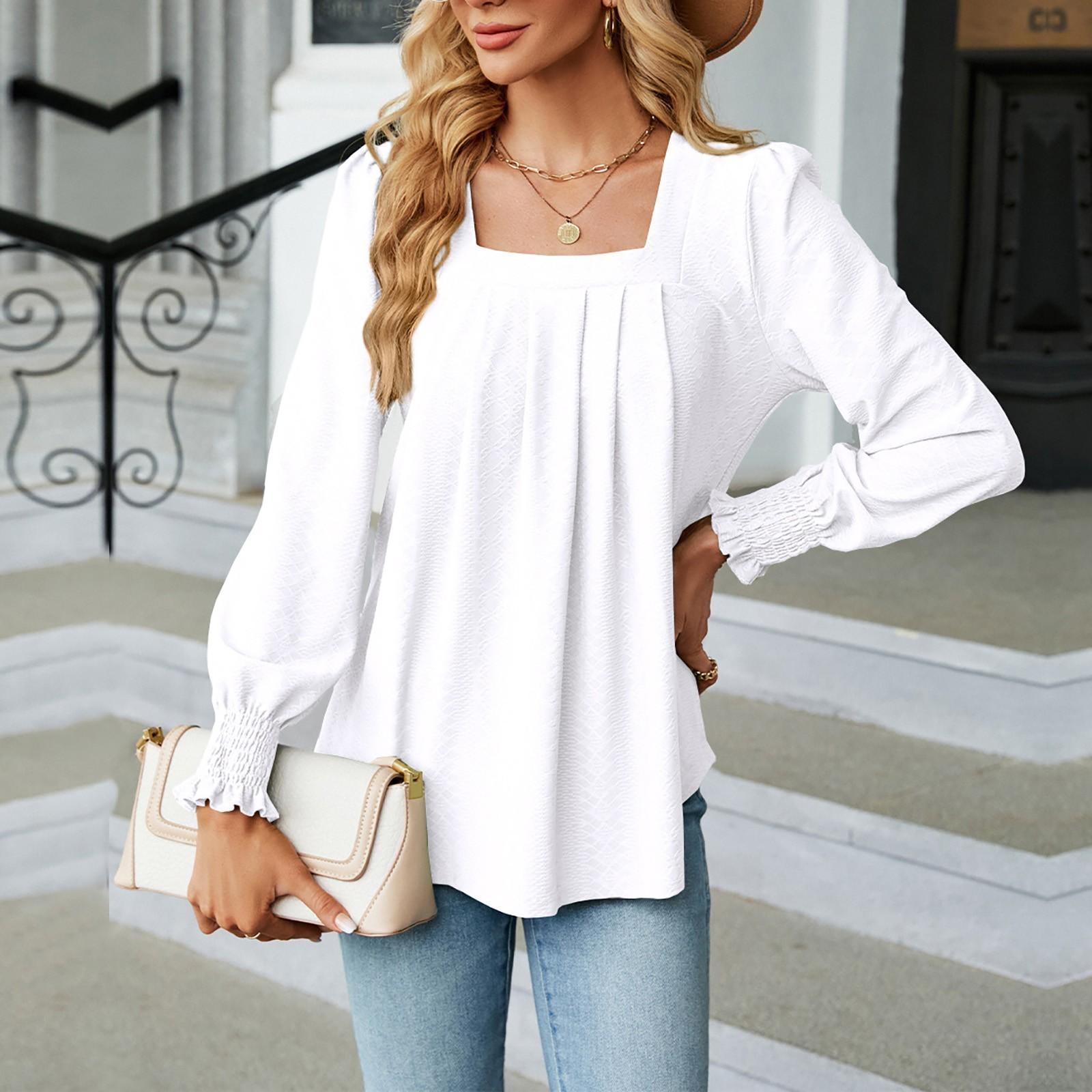 

Женская мода с квадратным вырезом, однотонная плиссированная рубашка-смокинг с длинными рукавами, топ XL белый