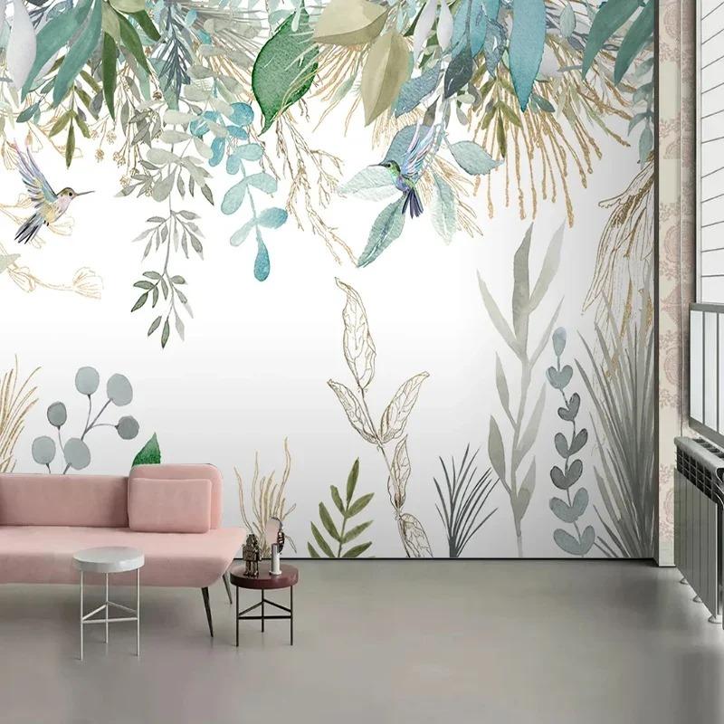 Modern Photo Wallpaper Hand-Painted Tropical Plant Leaves Flowers And Birds Murals Living Room Bedroom Wall Mural