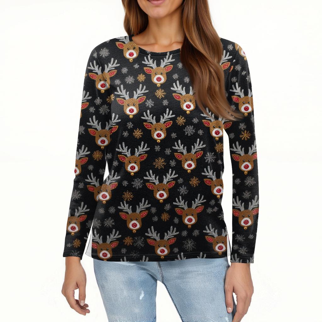Damenmode Saumschlitz Lässig Weihnachten Bedruckt Rundhals Langarm Oberteil