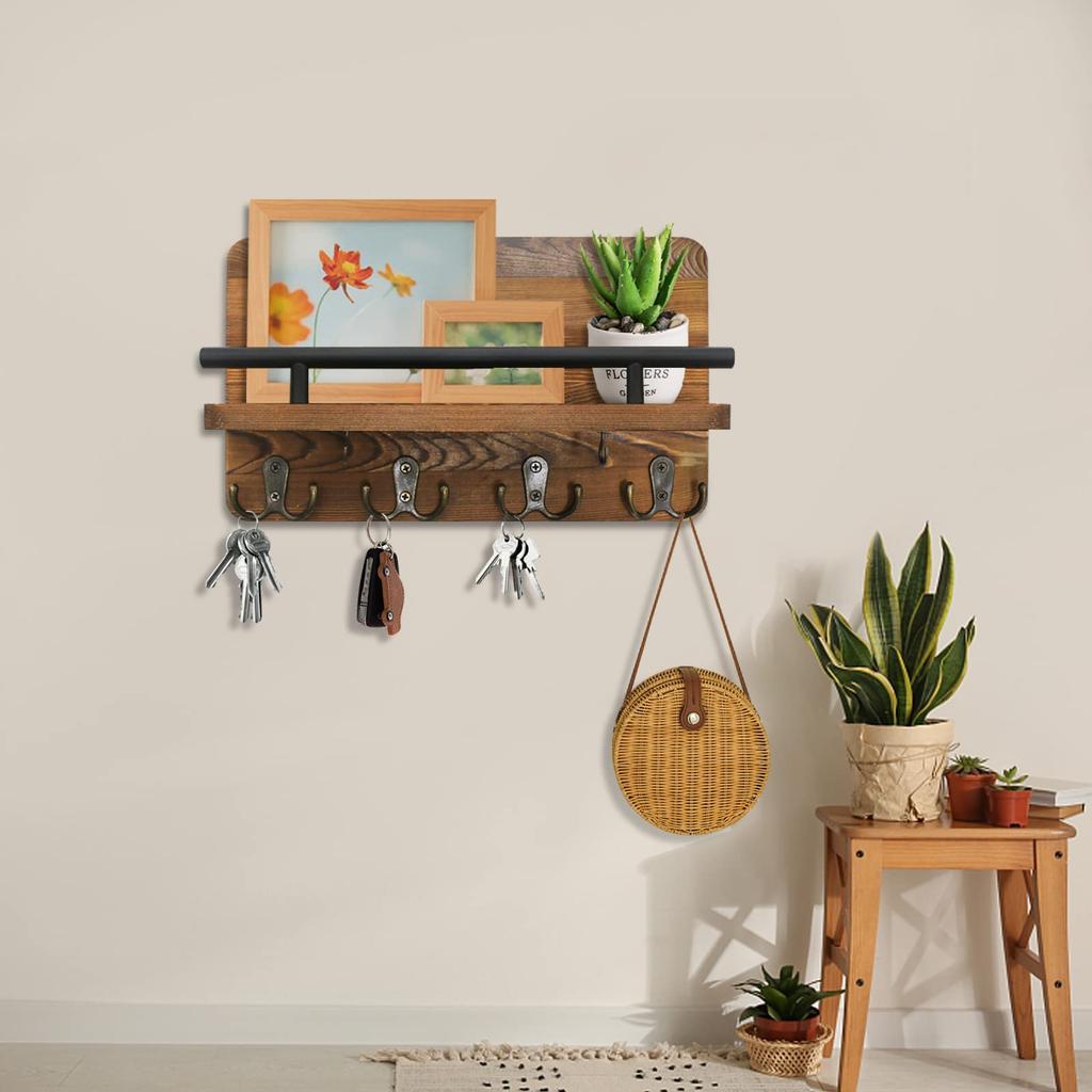 Wooden Key Holder and Mail Organizer for Entrance Decorative Wall Mounted Key Hangers Shelf Hanging Keys Sunglasses Dog Leash
