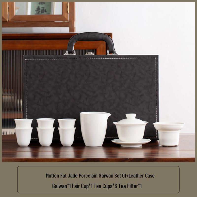 Lux Mutton Fat White Porcelain Kung Fu Tea Set: Gaiwan & Teacup with Portable Gift Box