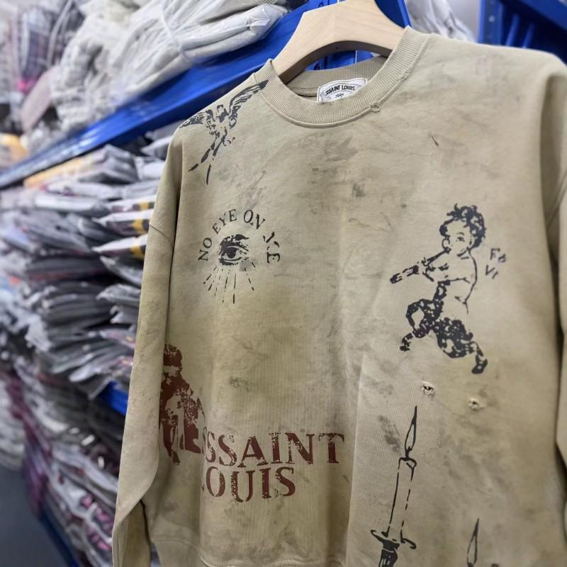 SSSAINT LOUIS Vintage Distressed Graphic Print Hoodie Mens Loose Fit Long Sleeve Pullover