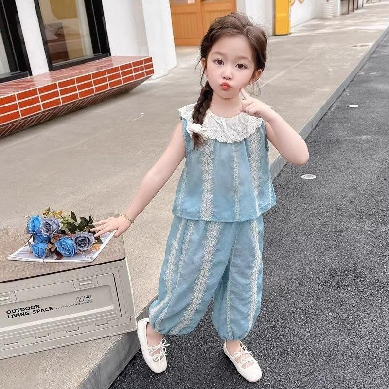 

Adorable Girls Summer Casual Set 2024 Featuring Fresh Style Doll Collar Sleeveless Lantern Pants 110cm/43.31in