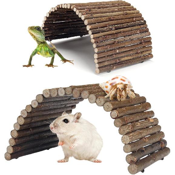 2PCS Reptile Hideout Hermit Crab Bendable Bridge, Wooden Hermit Crab Hideout Climbing Toys, Reptile Tank Habitat Decor Hiding Hut for Lizards, Mice,