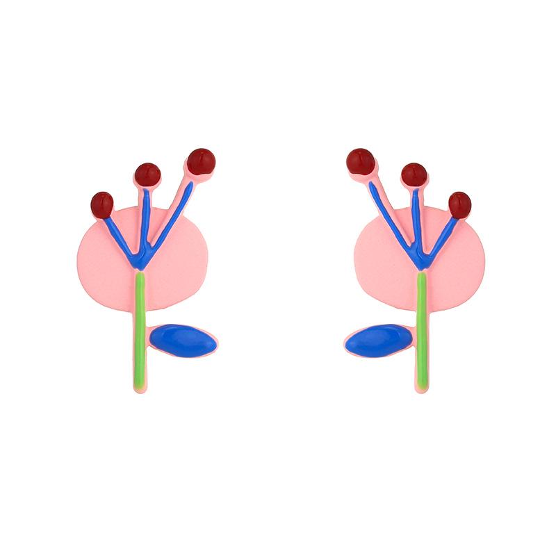 

S925 Silver Needle Abstract Tulip Earrings - Hand-Painted Pink & Blue Flower Clips (B581)