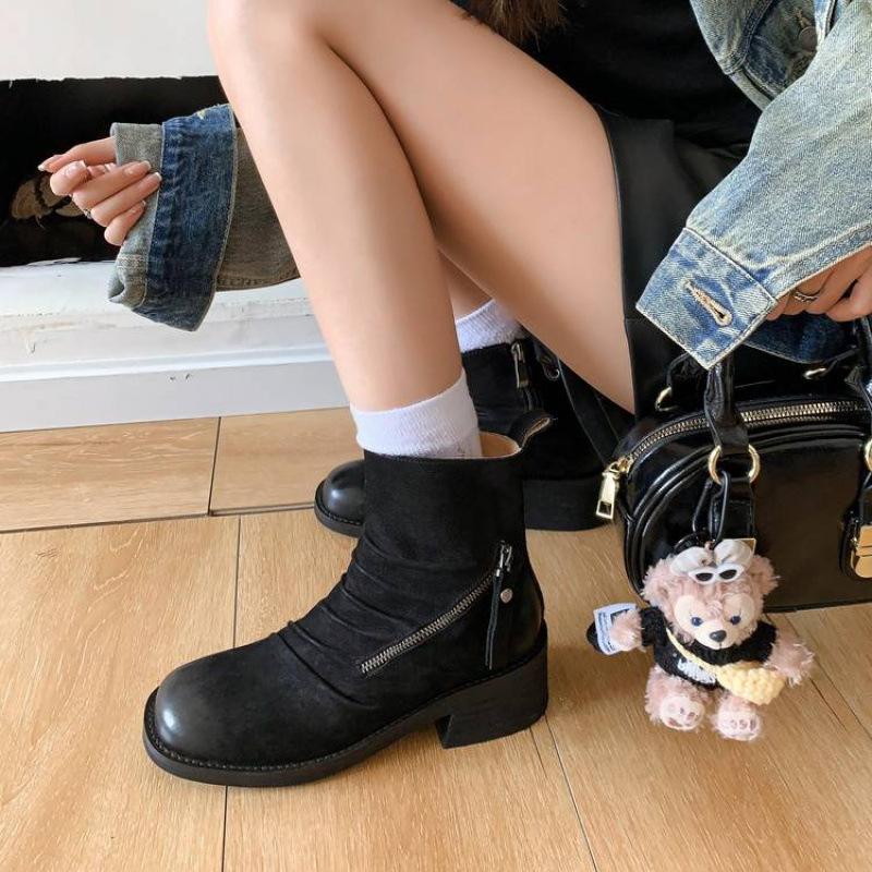 Autumn and winter women's leather boots leather side zipper Martin boots versatile round head comfortable new cowhide thick-soled low boots