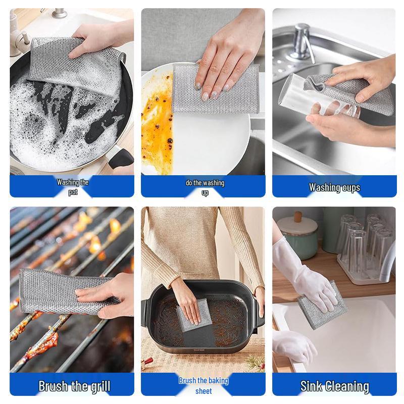 Non-Stick Steel Wool Dishcloth & Dual-Sided Cleaning Brush for Kitchenware