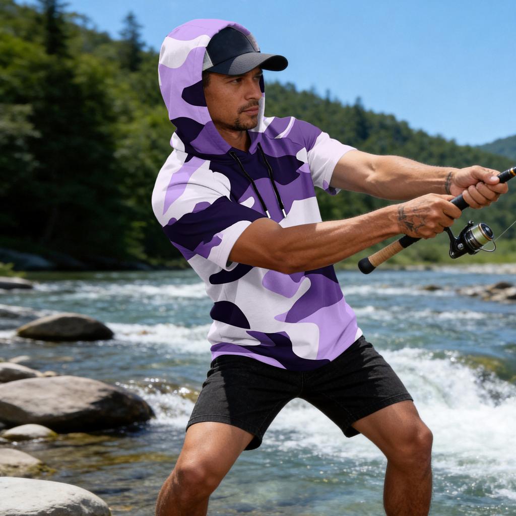 Men's Camouflage Print Raglan Sleeve Casual Sport Fishing Sun Protection Short Sleeve Hoodie Lightweight Breathable Outdoor Shirt