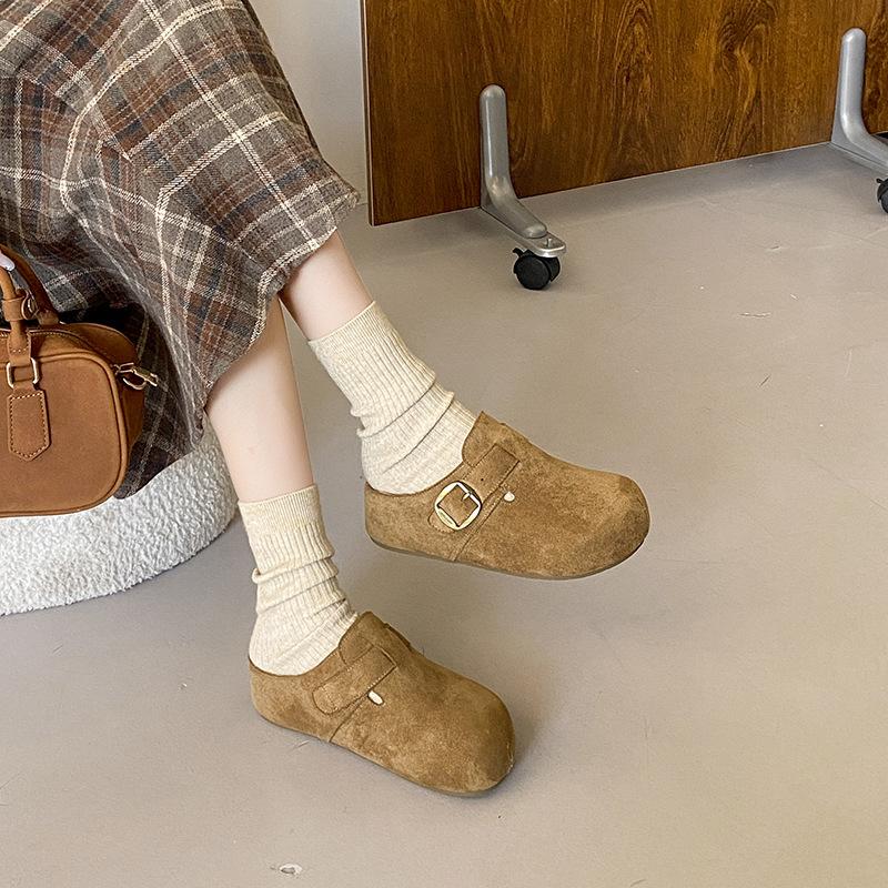 2025 Autumn and Winter New Belt Buckle French Retro Loafer Women's Shoes Doudou Velvet Platform Versatile Cotton Slippers