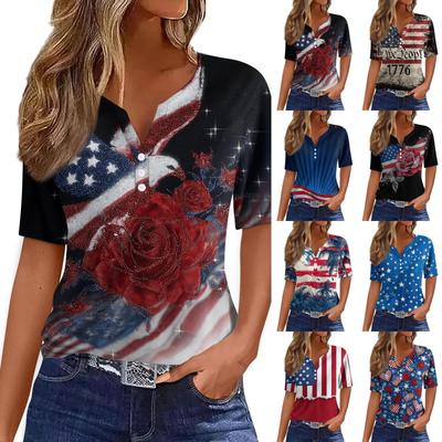 Damska koszulka T-shirt z nadrukiem Przycisk z krótkim rękawem Codzienny weekend Moda Podstawowy Dekolt w kształcie litery V Regularny top