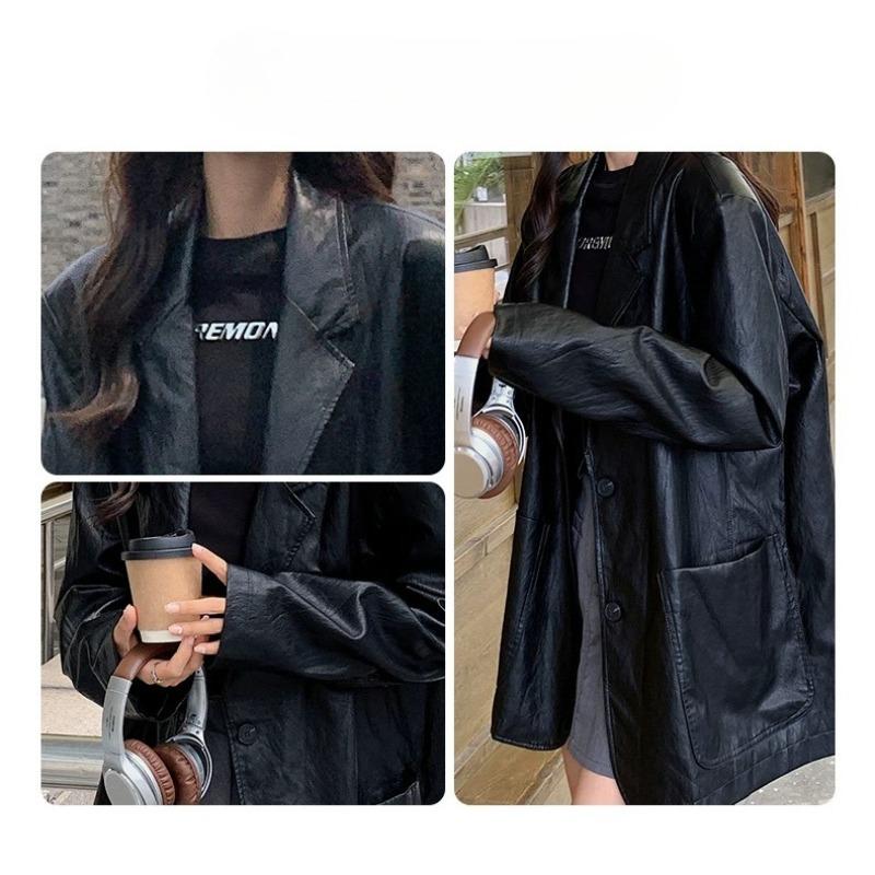 Women Black Vintage PU Leather Blazer Spring Autumn Retro Stylish Elegant Oversized Jacket