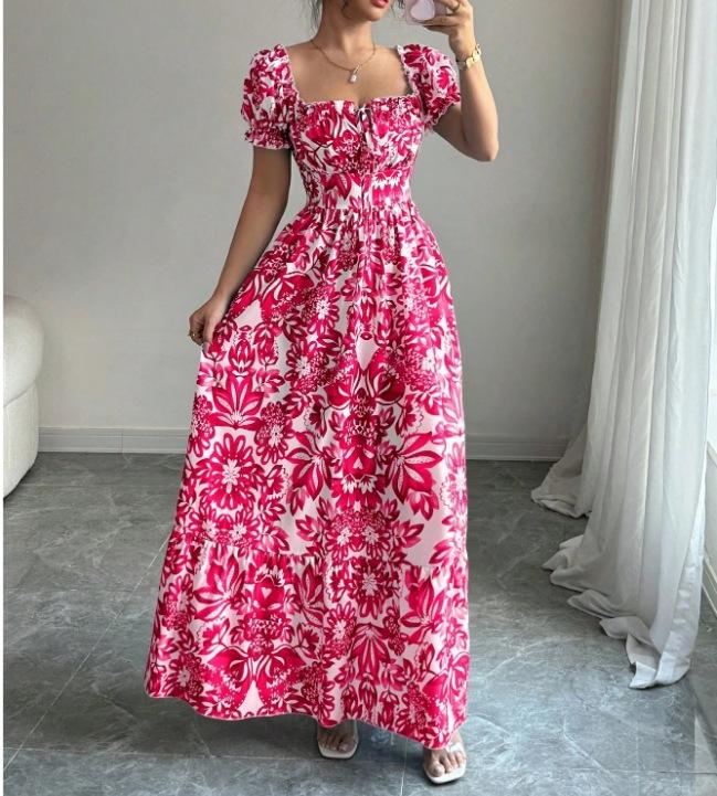 New printed puff-sleeved square neck lace-up waist elegant dress for women