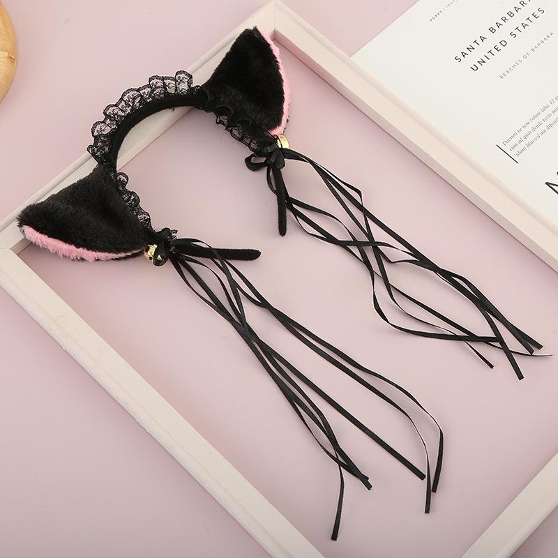 

Сладкий ободок с кисточками «Дикая кошка»: Женские Лолита Кошачьи Ушки с Мягким Кружевом и Заколками-Колокольчиками