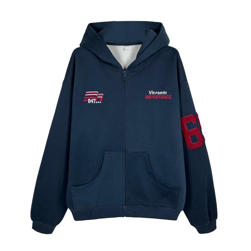 

Вышитое худи оверсайз в стиле ретро спорт - Унисекс зимняя куртка свободного кроя XL темно-синий