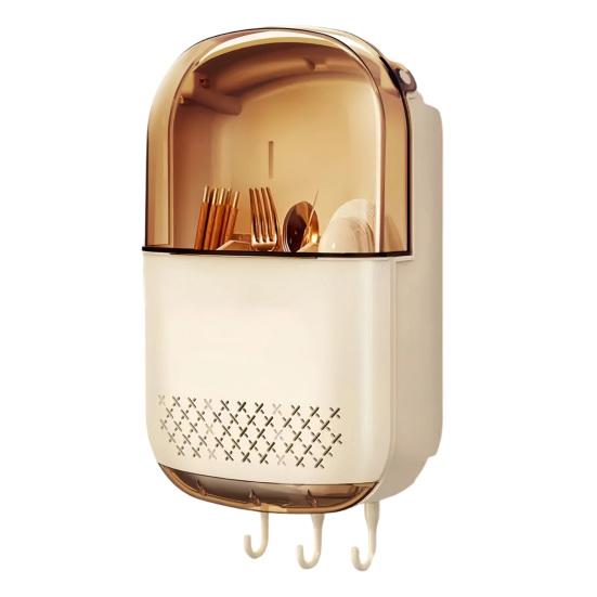 Kitchen Shelf Wall-Mounted Compartment Organizer with Dustproof Clear Cover And Drain Tray Drying Rack for Tableware