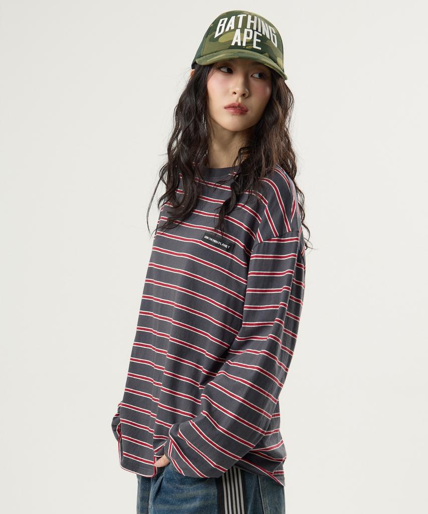 UNKNOWN PLANET Ivy Stripe Round Long Sleeve T-Shirt Gray
