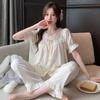 French Court Style Ice Silk Pajamas Women's Summer Sweet High-end Short-sleeved Trousers Set Sweet and Cute Loungewear