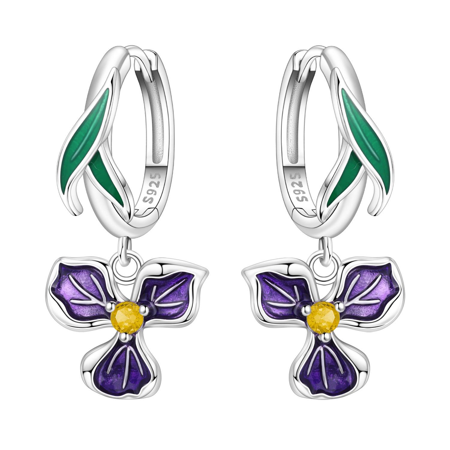 

925 Silver Purple Iris Flower Drop Earrings Women Earrings Charm Trendy Party Jewelry Wedding Anniversary Gifts