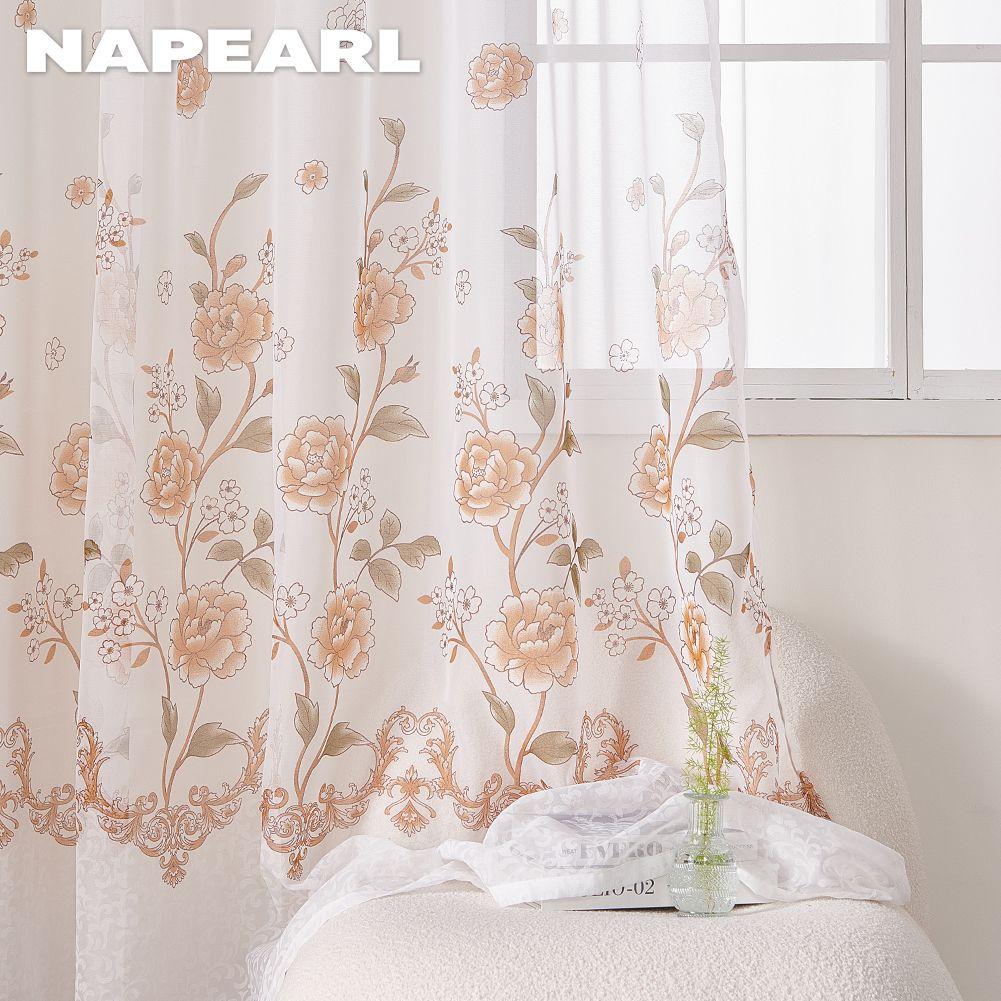 1PC NAPEARL Orange Flower Printed White Tulle Curtains for Bedroom Window Screen Panels Sheer Living Room Kitchen Home Decor