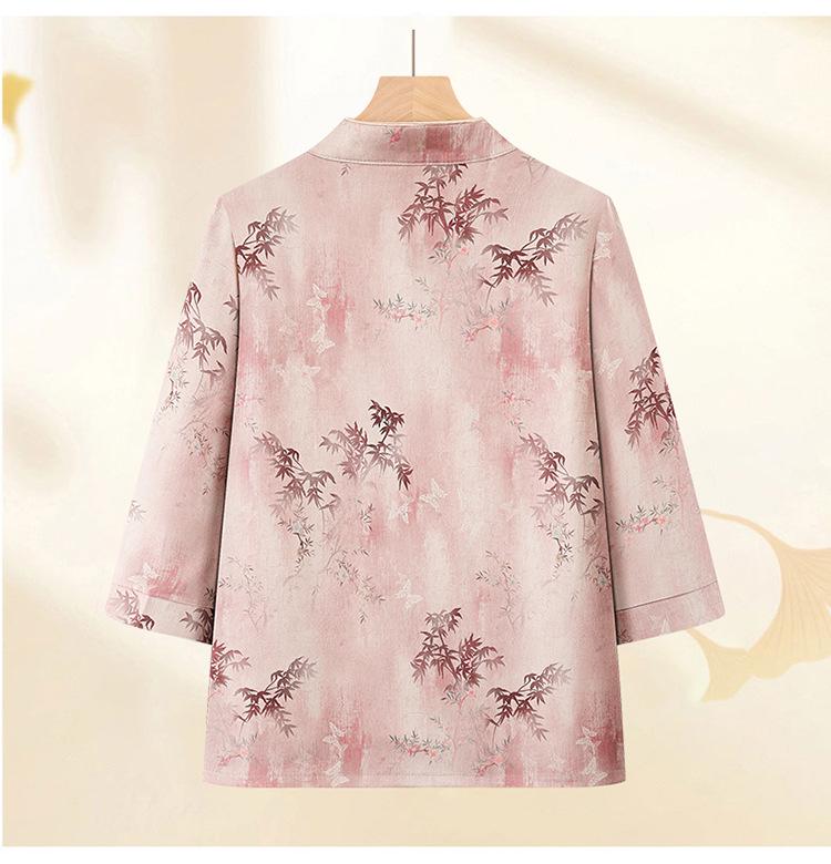 2026 Summer Women's Stand-up Collar Seven-Sleeve Chinese Style Top for Middle-Aged & Elderly