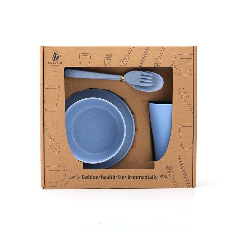 6Pcs Wheat Straw Dinnerware Set for Kids, Reusable Eco-Friendly Tableware Includes Bowl Plate Spoon Fork Chopsticks, Portable Gift Utensils