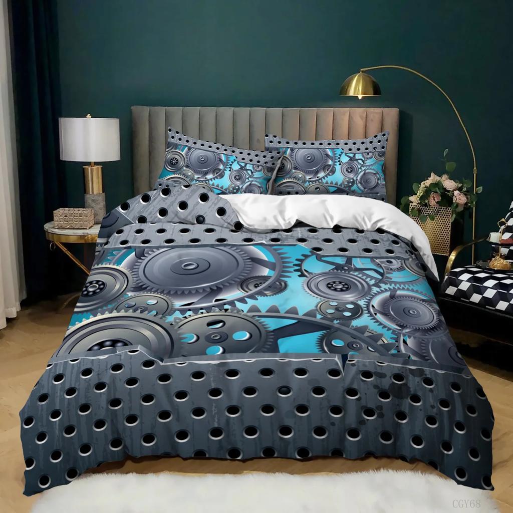Industrial Gear Bedding Steampunk Style Duvet Cover King Queen Metal Mechanical Device Polyester Quilt Cover for Teens Men Black