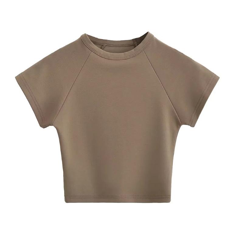 Summer New Women's American Spice Girls Style Solid Color High Waist Short-sleeved T-shirt Crew Neck Shoulder Top Short Bottoming Shirt