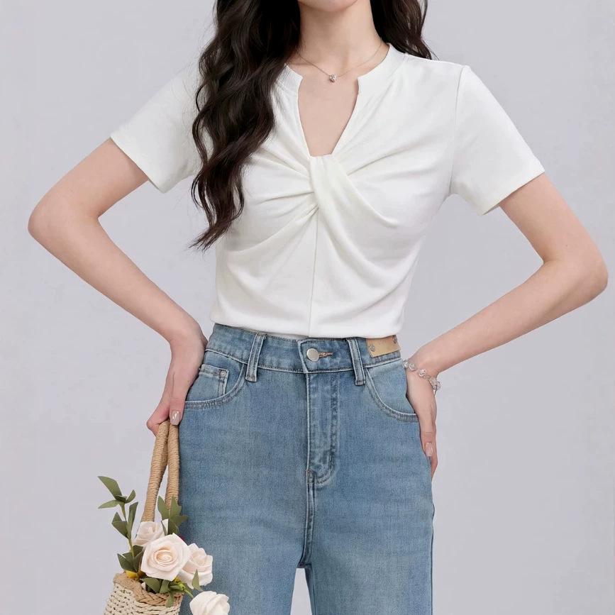 [Haiyan Baiqiao] Summer new waist niche design high-end twist V-neck summer T-shirt S белый
