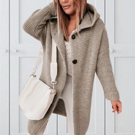 Solid Color Long Sleeve Women Cardigan Autumn Winter Two Buttons Hooded Sweater Coat Outerwear