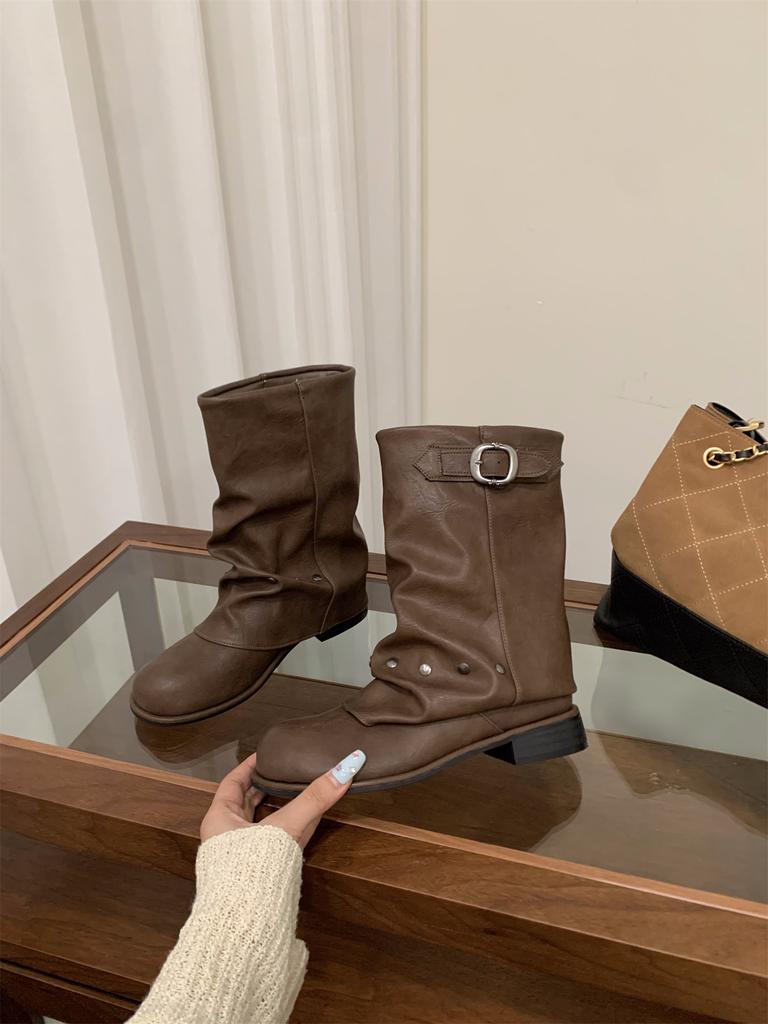 Thick heel black Martin boots women's boots 2025 new spring and autumn motorcycle mid-leg boots trouser tube boots with skirt boots