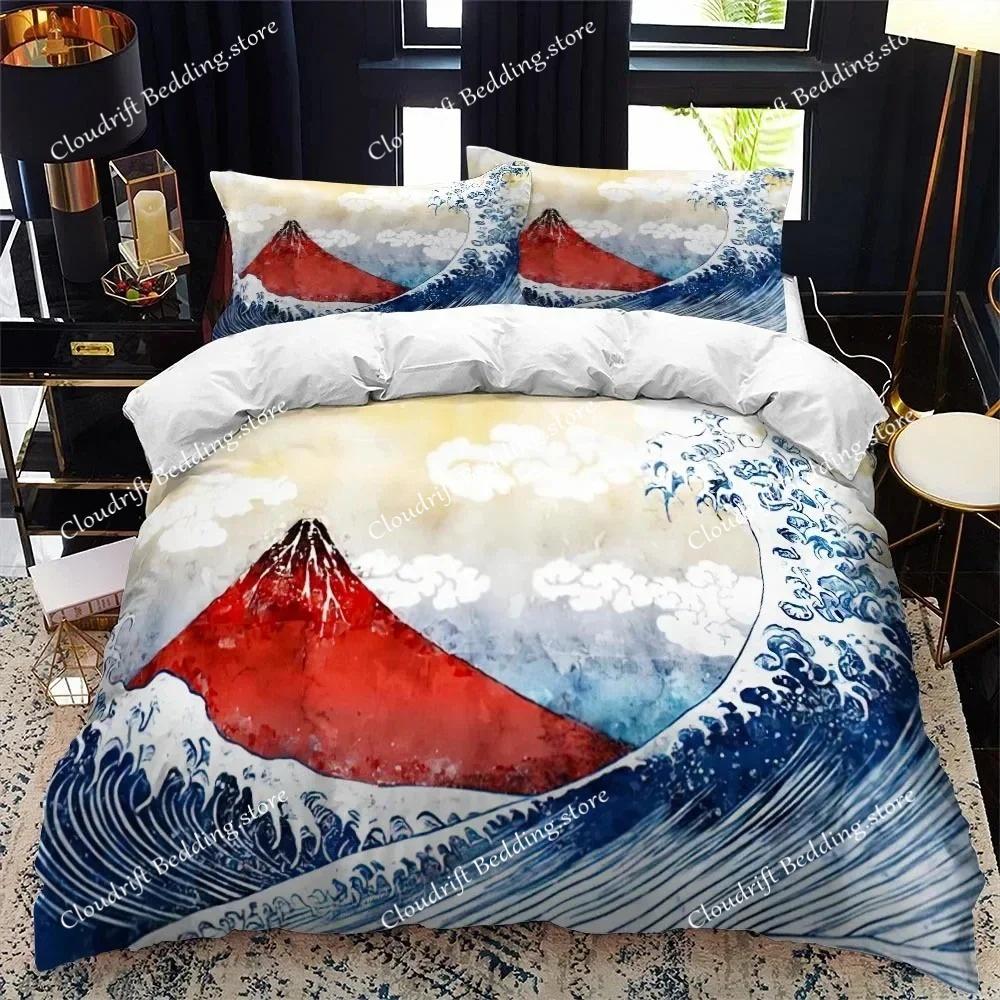 Bettbezug-Set im japanischen Stil, King-Size-Bett, Queen-Size-Bett, Ukiyo-e-Motiv, Wellenmuster, Polyester-Bettwäsche-Set, Fuji-Berg, exotischer Stil