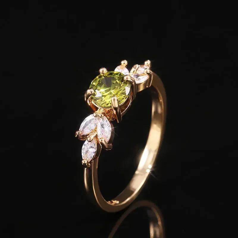 

New Delicate Women Wedding Ring Olive Green Round Zircon with Leave Shape Elegant Gold Color Girl Gift Rings Trendy Zircon 6