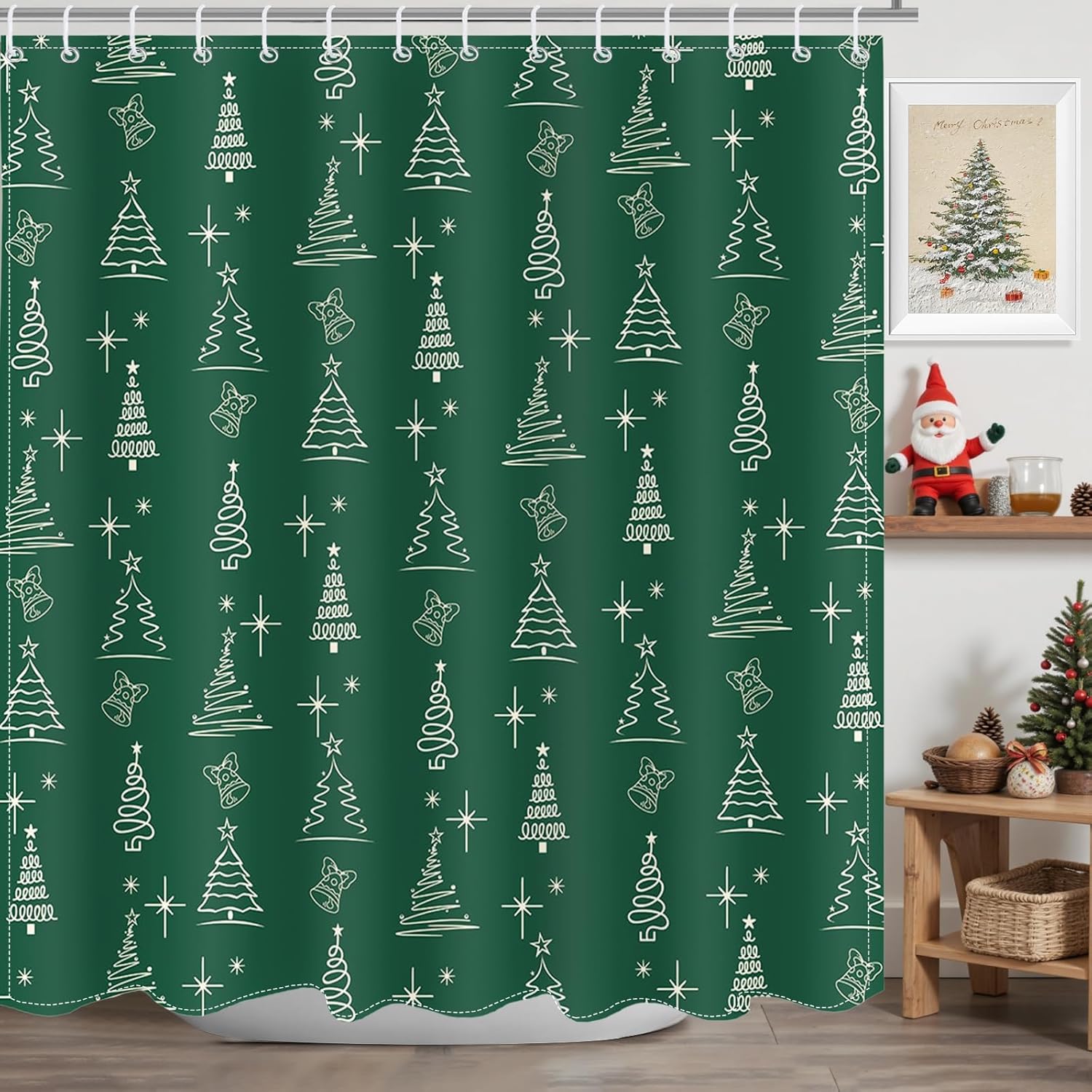 

Green Christmas Tree Shower Curtain Cute Green White Xmas Pine Bath Curtain For Christmas Bathroom Decor Waterproof Fabricwinter W60H190(CM)-1 Pcs