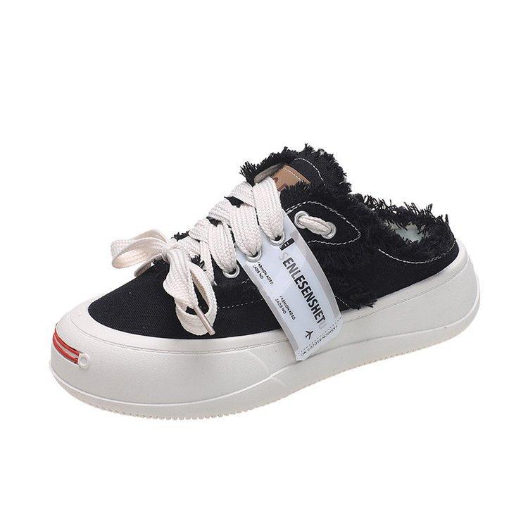 Foreign trade baotou half slippers 2025 summer new muffin platform front lace-up fashion casual sports canvas shoes