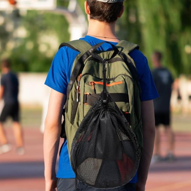 Drawstring Back Bag for Basketball Volleyball Storage, Single Football Bag Mesh Basketball Bag with Zippers Pocket