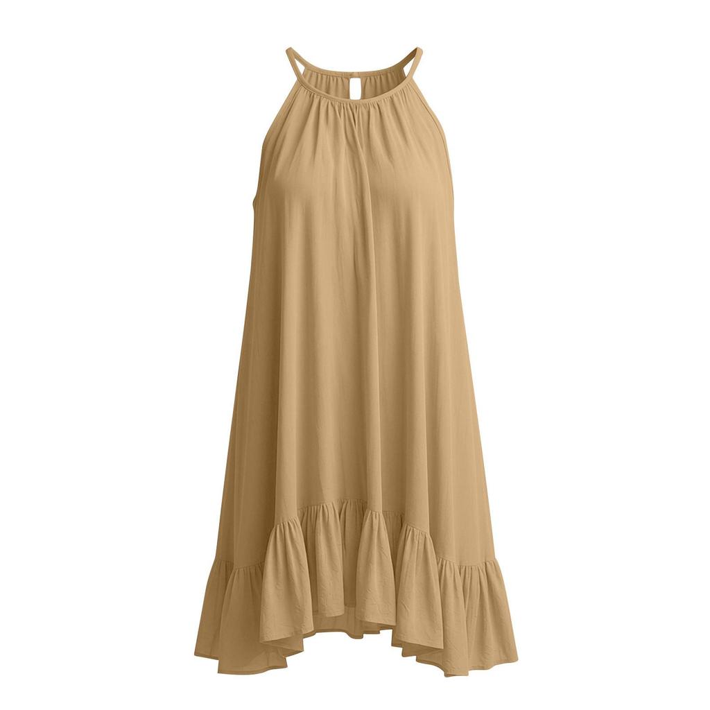 Spring Summer Sleeveless Pleated Halter Vacation Dress for Women