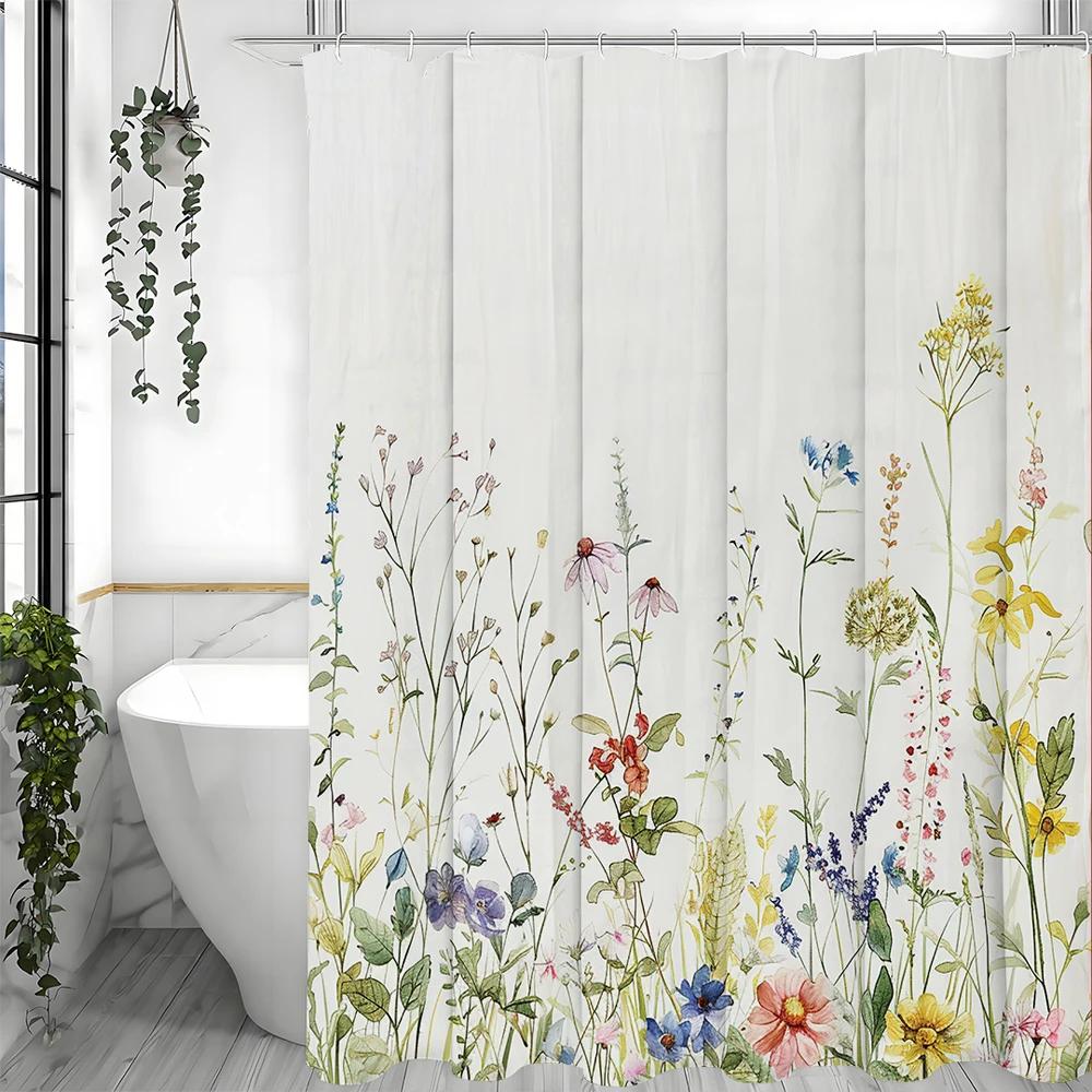 Spring Pink Floral Shower Curtain, Colorful Wildflower Botanical Herb Bathroom Decorative Shower Curtain, Waterproof Shower Curt 90X180CM