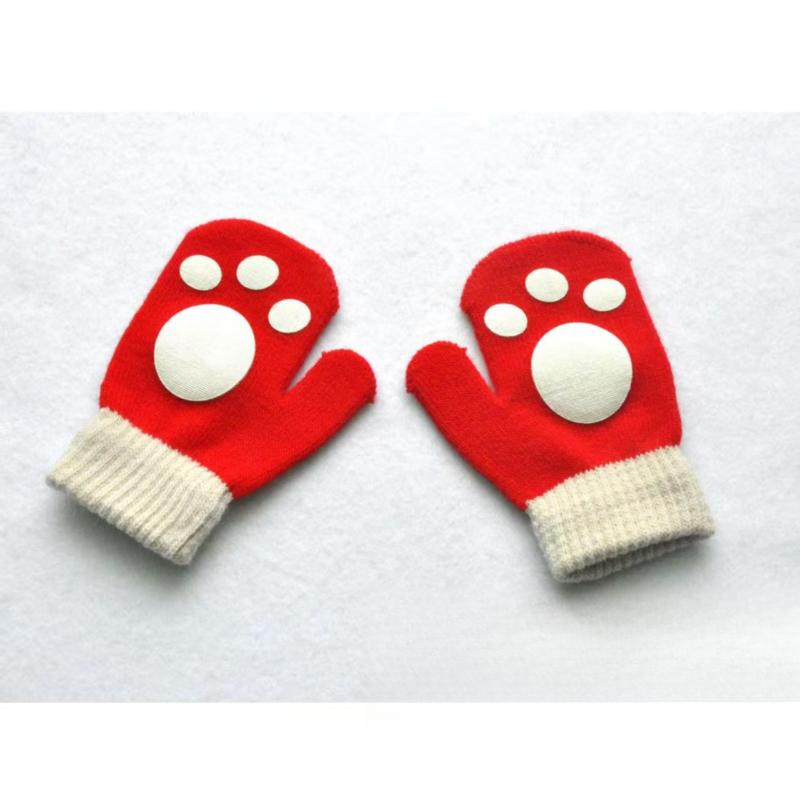 Cute Print Footprint Baby Gloves Winter Knitted Warm Full Finger Gloves Solid Kids Boys Girls Mittens
