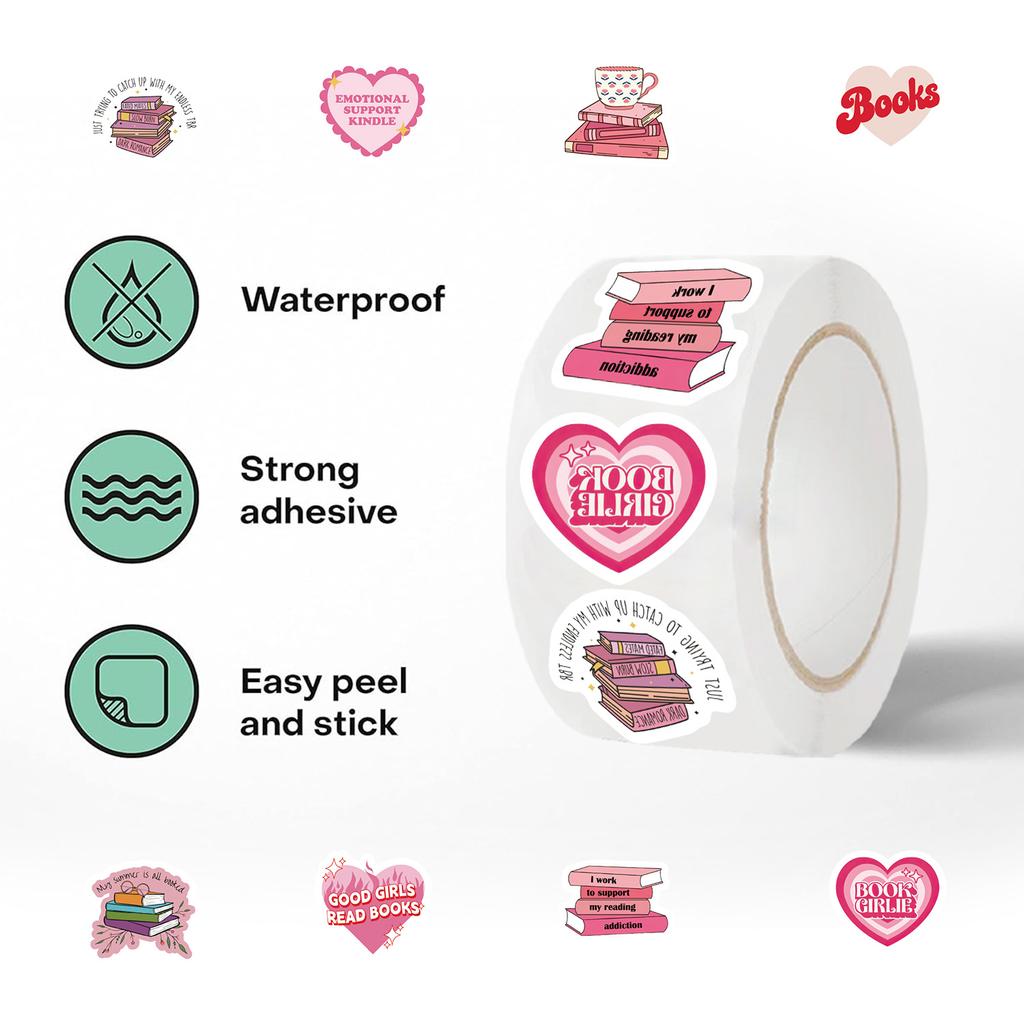 500 Pictures/roll Roll Sticker Tape Pink Reading Bookish Handbook Material Envelope Seal Sticker