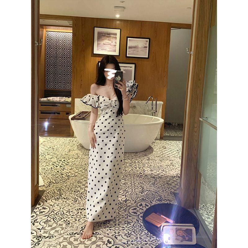 French Temperament One-word Shoulder Polka Dot Slim Tube Top Dress Summer Pure Desire Suspender Dress Waist Skirt Long Dress